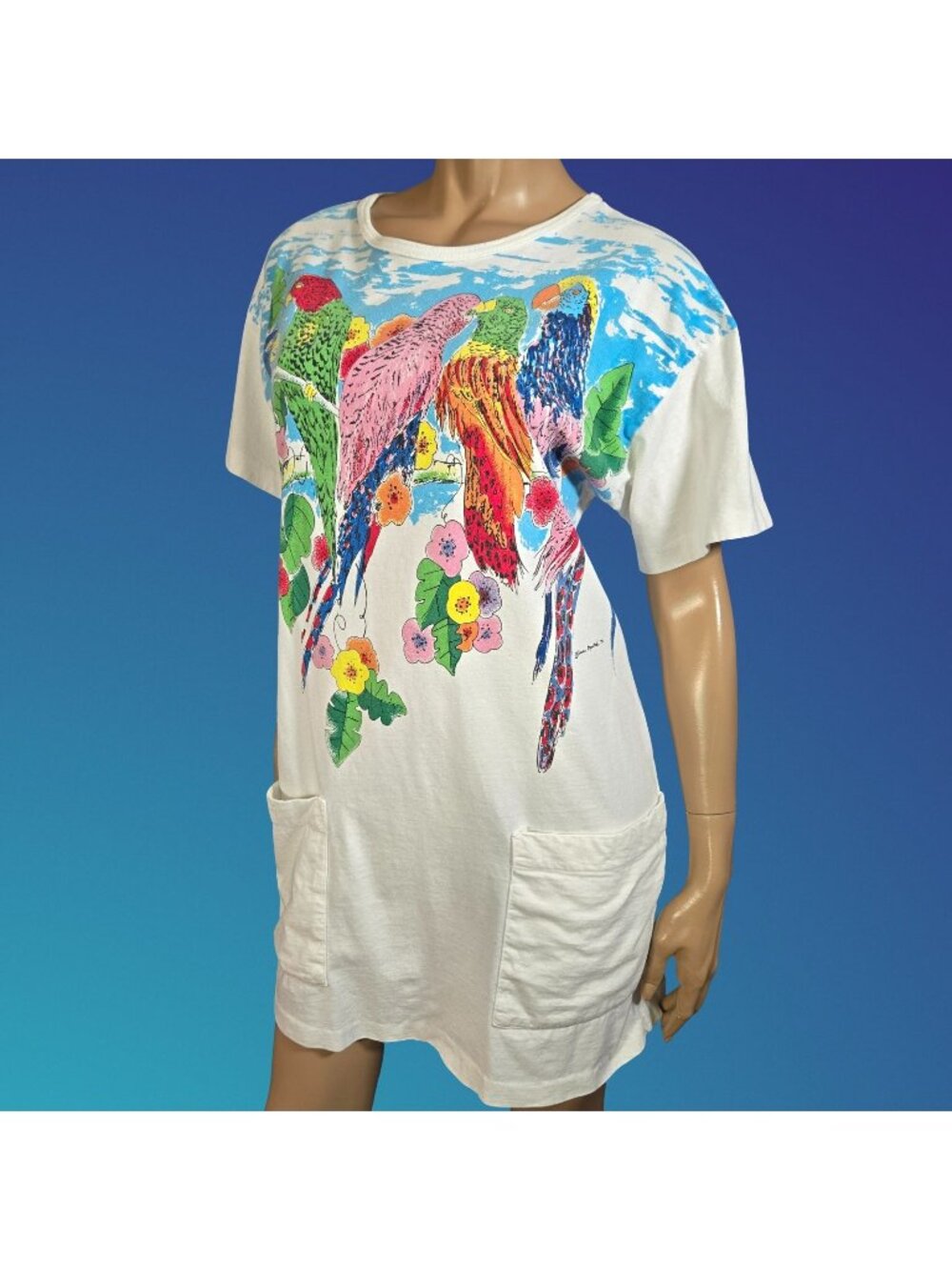 Vintage 80s 90s Parrot Graphic T Shirt Dress Size M White Mini With Pockets